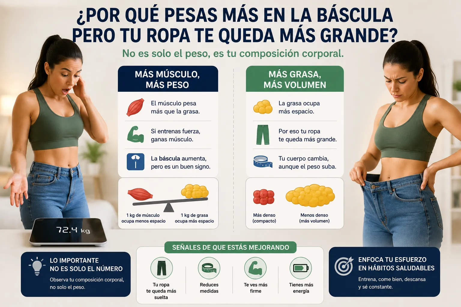 Por qué pesas más en la báscula pero tu ropa te queda más grande