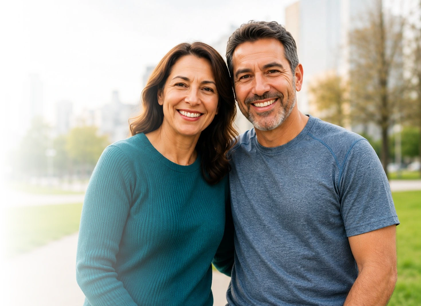 Pareja hispana sonriente, saludable y activa